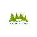 Wild bison and pine forest silhouette vector, logo design vector
