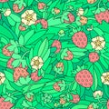 Seamless pattern with strawberries, leaves and flowers.