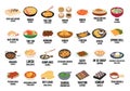 SSet of Asian traditional foods elements in cartoon flat style isolated on white background