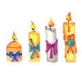 sset of decorative burning candles with cinnamon. The flame of Christmas candle with ribbon and bow