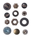 Sset of various old rusty metal rivet and heads with nuts