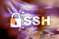 SSH - Secure shell network internet connection. Server room on background