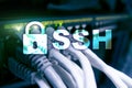 SSH - Secure shell network internet connection. Server room on background