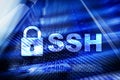 SSH - Secure shell network internet connection. Server room on background
