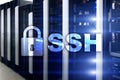 SSH - Secure shell network internet connection. Server room on background