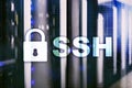 SSH - Secure shell network internet connection. Server room on background