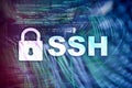 SSH, Secure Shell protocol and software. Data protection, internet and telecommunication concept