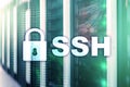 SSH, Secure Shell protocol and software. Data protection, internet and telecommunication concept