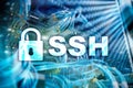 SSH, Secure Shell protocol and software. Data protection, internet and telecommunication concept