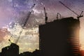 Silhouette onsite building construction and twilight rainy sky background