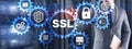 SSL Businessman pressing virtual screen Secure Sockets Layer concept. Cryptographic protocols provide secured