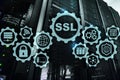 SSL Secure Sockets Layer concept. Cryptographic protocols provide secured communications. Server room background.