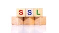 SSL, security certificate for web site written on wooden cube blocks. banner