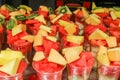 ÃÂssorted chopped fruits watermelons strawberries bananas in plastic glasses