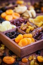 ÃÂssorted dried fruits in wooden box Royalty Free Stock Photo