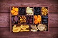 ÃÂssorted dried fruits in wooden box Royalty Free Stock Photo