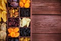 ÃÂssorted dried fruits in wooden box Royalty Free Stock Photo