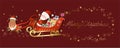 Santa Claus driving a sleigh full of gifts and Merry Christmas written by stars on a red background