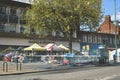 St Albans-UK - 19 May 2021 - People shopping and walking on busy retail high street with market stalls and shops