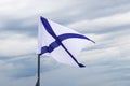 St. Andrew`s Flag, White Flag With Blue Cross On Flagpole Against Cloudy Sky Background