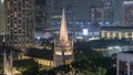 St. Andrew's Cathedral aerial night timelapse. It is an Anglican cathedral in Singapore, the country's largest cathedral