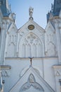 St. Anna Roman Catholic Church detail with Michael archangel statue on roof and motto St. Anna Pray For Us