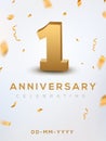 1st Anniversary gold numbers with golden confetti. Celebration 1 anniversary event party template Royalty Free Stock Photo
