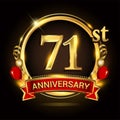 71st anniversary logo with golden ring, balloons and red ribbon. Vector design template elements for your birthday celebration Royalty Free Stock Photo