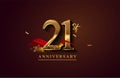 21st anniversary logo with red ribbon and golden confetti isolated on elegant background, sparkle, vector design for greeting card