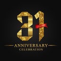 31st anniversary years celebration logotype. Logo ribbon gold number and red ribbon on black background. Royalty Free Stock Photo