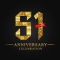 51st anniversary years celebration logotype. Logo ribbon gold number and red ribbon on black background.