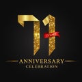 71st anniversary years celebration logotype. Logo ribbon gold number and red ribbon on black background.