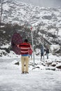 Fresh snow on road causes road block at Yumthang valley, Sikkim, India. Selective focus