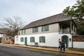 Tourist family enters the Oldest House museum, a popular tourist attraction in the USA
