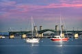 Sailboats and Bridge of Lions on sunset sky background at Old Town in Florida`s Historic Coast 66
