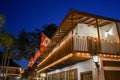 Top view of restaurant in seventeenth century house adn Flags at Old Town in Florida`s Historic Coast .