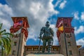 Pedro Menendez de Aviles statue on Lightner Museum background in Florida`s Historic Coast .