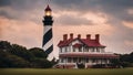 St. Augustine Lighthouse at dusk next to mansion