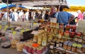 St AYGULF, VAR, PROVENCE, FRANCE, AUGUST 26 2016: Provencal market stall selling mustard, antipasti and other items to locals and Royalty Free Stock Photo