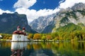 St. Bartholomew church on Konigssee, known as Germany`s deepest and cleanest lake, located in the extreme southeast Berchtesgaden Royalty Free Stock Photo