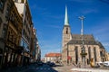 St. Bartholomew`s Cathedral on the main Republic square of Plzen, Gothic church in old town in sunny day, Pilsen, Western Bohemia Royalty Free Stock Photo