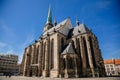 St. Bartholomew`s Cathedral on the main Republic square of Plzen, Gothic church in old town in sunny day, Pilsen, Western Bohemia Royalty Free Stock Photo