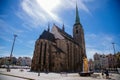 St. Bartholomew`s Cathedral on the main Republic square of Plzen, Gothic church in old town in sunny day, Pilsen, Western Bohemia Royalty Free Stock Photo