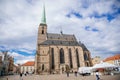 St. Bartholomew`s Cathedral on the main Republic square of Plzen, Gothic medieval stone church in old town in sunny day, high Royalty Free Stock Photo