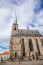 St. Bartholomew`s Cathedral on the main Republic square of Plzen, Gothic medieval stone church in old town in sunny day, high Royalty Free Stock Photo