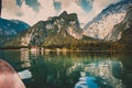 St. Bartholomew`s Church and mountains from a boat on the Koenigssee lake, Germany Royalty Free Stock Photo