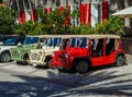 Fleet of the Mini Moke cars in front of famous Eden Rock Hotel on the island of Saint Barthelemy Royalty Free Stock Photo