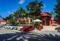 Fleet of the Moke and Mini cars in front of famous Eden Rock Hotel on the island of Saint Barthelemy Royalty Free Stock Photo
