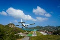 Air Antilles plane landing at Remy de Haenen Airport also known as Saint Barthelemy Airport Royalty Free Stock Photo