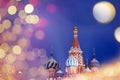 St. Basil Cathedral on Red Square in Moscow, bokeh christmas light winter night Royalty Free Stock Photo